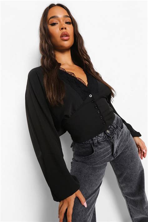 Womens Black Lace Trim Volume Sleeve Shirred Back Blouse Boohoo Uk