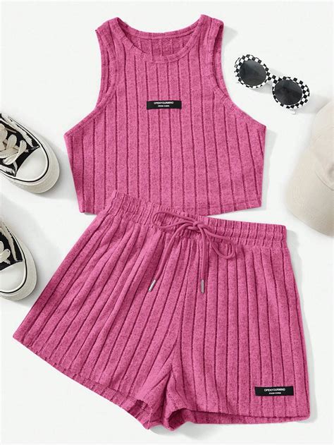 Womens Casual 2 Piece Outfits Letter Patched Crop Tank Top Drawstring