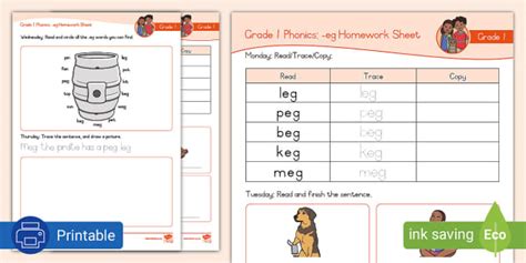 Grade 1 Phonics Eg Homework Sheet Teacher Made Twinkl