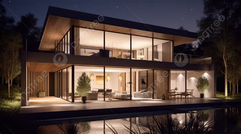 Night Time View Of Contemporary House With Terrace In 3d Background, 3d ...