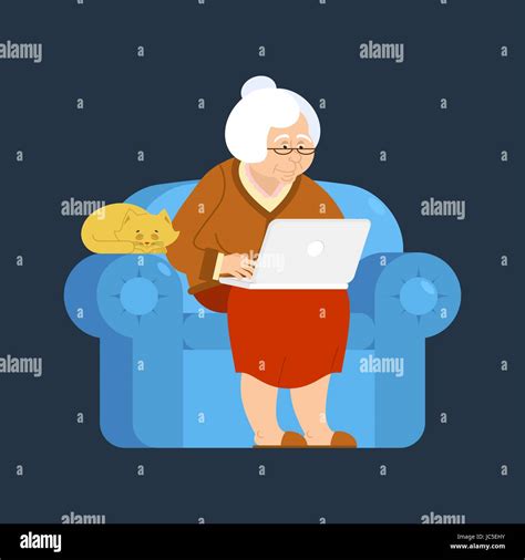 Grandmother And Laptop An Armchair Old Woman And Pc Grandma And Cat Elderly Woman And