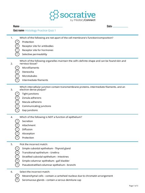 Socrative Quiz 1 | PDF | Epithelium | Histology
