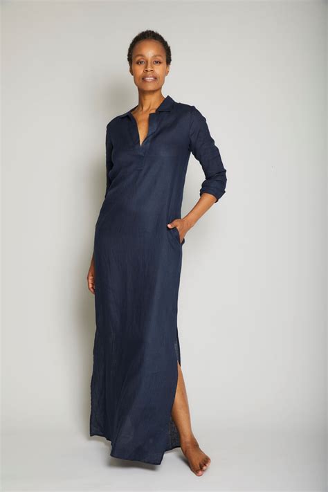 Pour Les Femmes Long Linen Shirt Dress Midnight