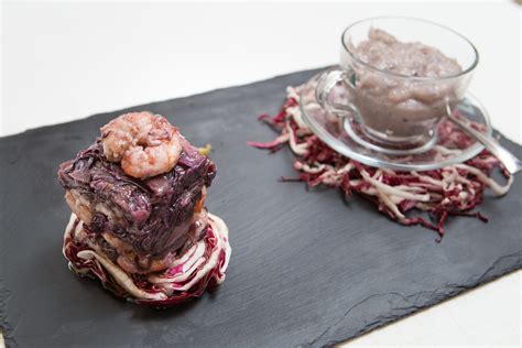 Crema Di Mais Al Radicchio Di Chioggia IGP Con Mazzancolle In Saore Di