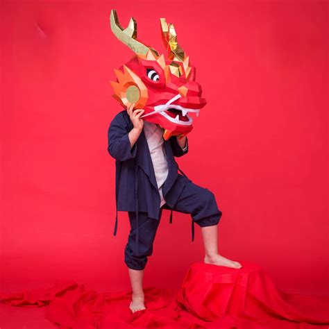 3d Paper Mold Chinese Dragon Head Mask Headgear Model New Year Halloween Cosplay Props Women Men