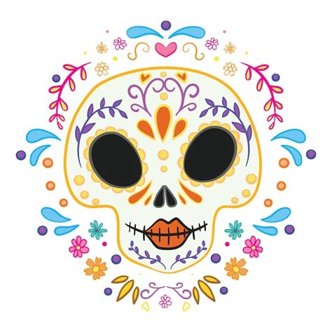 Calavera de azúcar de vector con ilustración de guirnalda de flores de