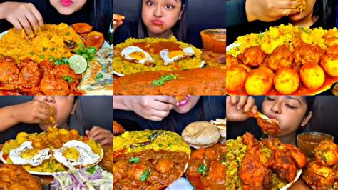 Asmr Eating Spicy Chicken Curry With Khichdi Egg Curry Dum Aloo Indian Food Mukbang Foodie