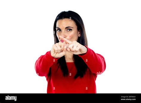 Attractive Mature Woman Wearing Red Jersey Isolated On A White Background Stock Photo Alamy