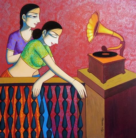 Girls Playing Gramophone Red Acrylic Painting By Pravin Utge