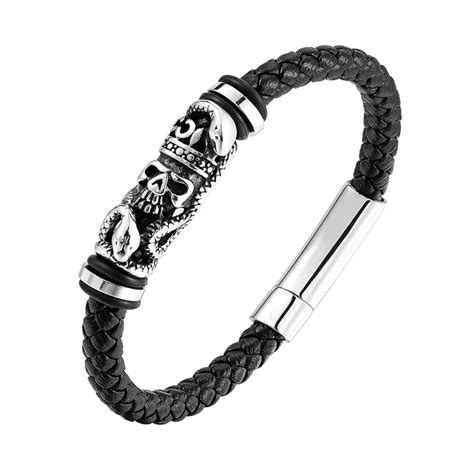 Bracelet Homme Cuir Tresse Noir Tete De Mort Fermoir Acier