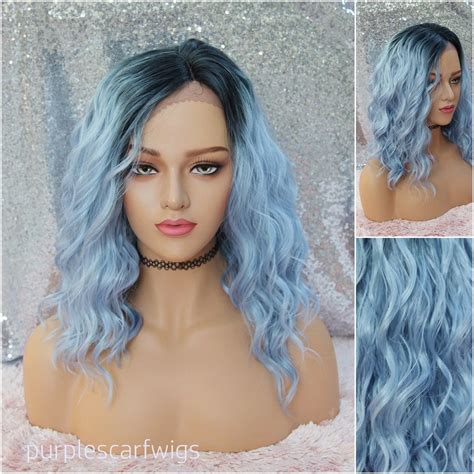 Silvery Blue Lace Front Wig Dark Roots With Beach Waves Cool Etsy