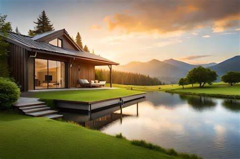 Premium Photo A House With A Lake And Mountains In The Background