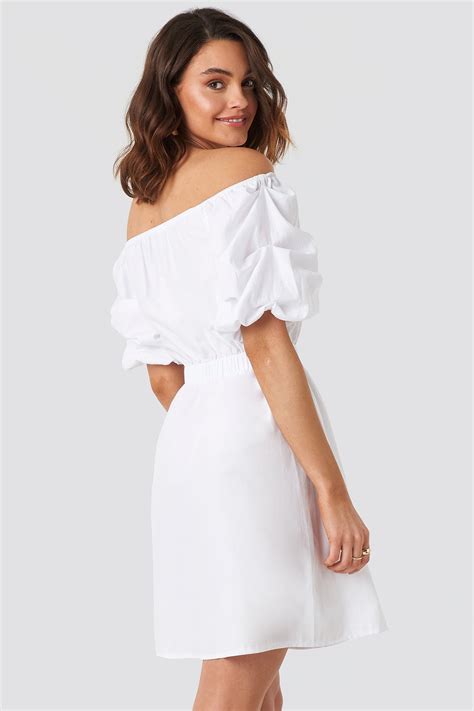 Off Shoulder Puff Sleeve A Line Dress Blanc Na