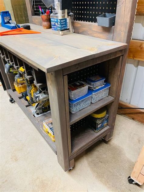 Farmhouse Workbench with Tool Storage | Tool storage, Storage, Workbench