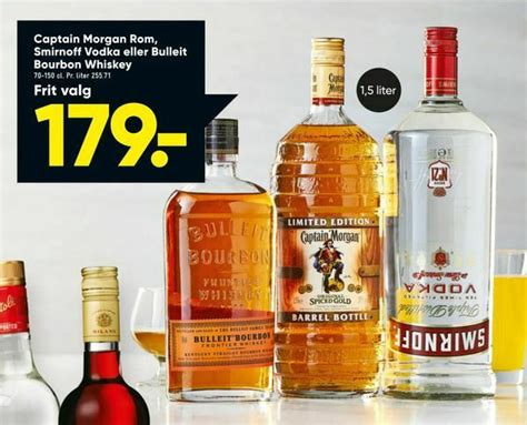 Captain Morgan Rom Smirnoff Vodka Eller Bulleit Bourbon Whiskey Tilbud