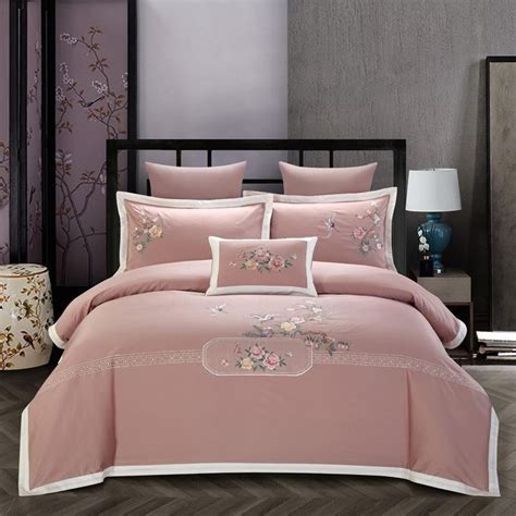 Chinoiserie Bamboo Flowers Botanical Luxury Chic Embroidery Duvet Cove