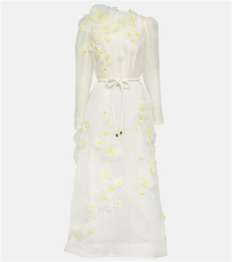 Zimmermann Daisy Floral Appliqu Linen And Silk Midi Dress Zimmermann