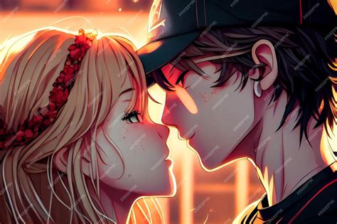 Premium Photo Anime Couple Kiss Close Up Generative Ai