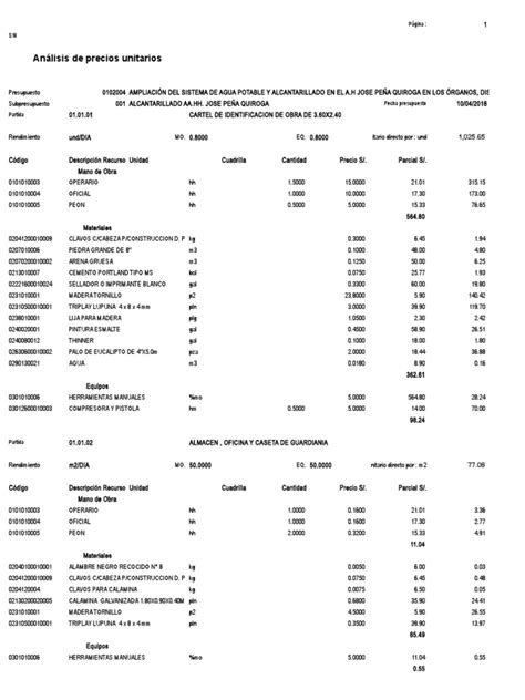 Análisis De Costos Unitarios Pdf Cemento Ingeniería De Edificación