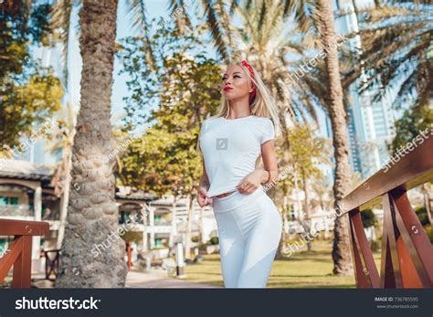 Sexy Blonde Woman White Tshirt Standing Stock Photo 736785595 Shutterstock