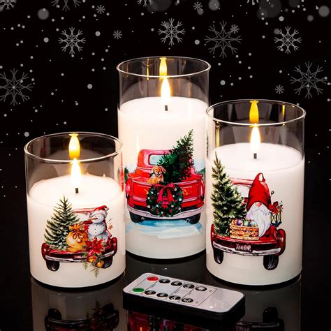 Eywamage Red Truck Glass Flameless Candles With Remote Flickering Led Pillar Candles Battery