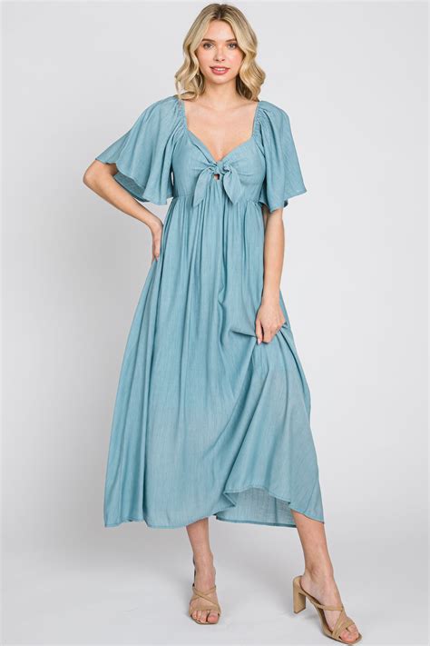 Blue Front Tie Ruffle Sleeve Midi Dress Pinkblush