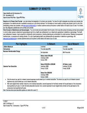 Fillable Online Summary Of Benefits Cigna Indemnity Plan Y National