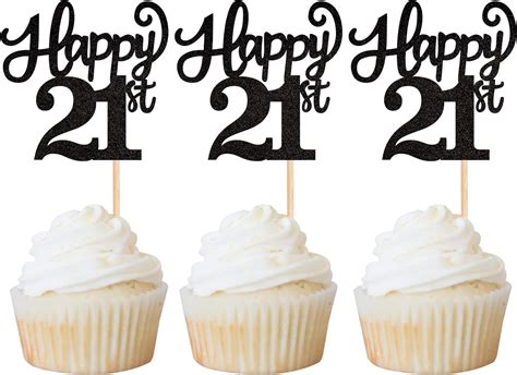 Rsstarxi 30 Pack Happy 21st Cupcake Toppers Black Glitter Twenty One Cheer To 21