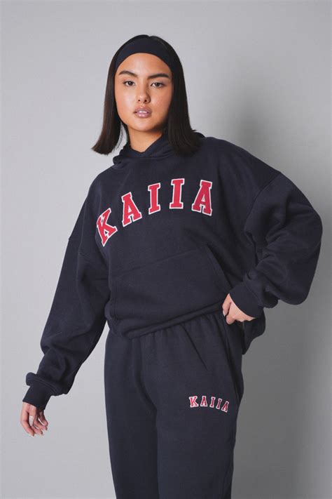 Kaiia Slogan Oversized Hoodie Navy With Red Kaiia