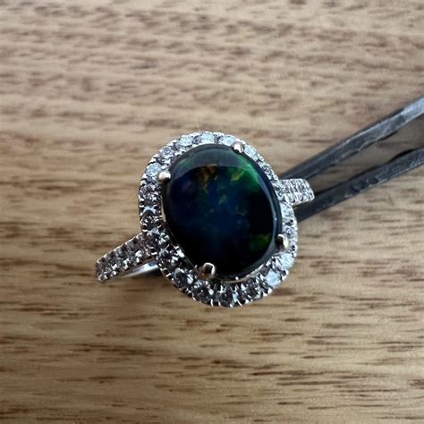 K White Gold Solid Black Opal Diamond Ring Australian Opals