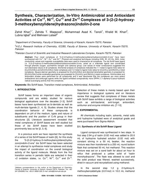 Pdf Synthesis Characterization In Vitro Antimicrobial And Antioxidant Activities Of Co 2