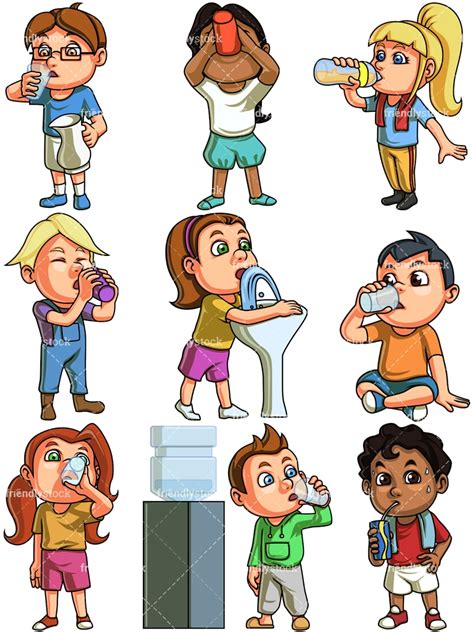 Kids Drinking Water Cartoon Clipart Vector - FriendlyStock