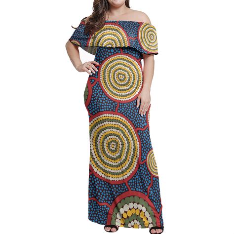 Australia Aboriginal Off Shoulder Long Dress - Beautiful Indigenous seamless pattern based in ...