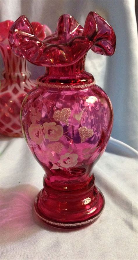 Vintage Fenton Cranberry Glass Ruffled Hand Painted Roses Hearts Signed Vase Hand Painted