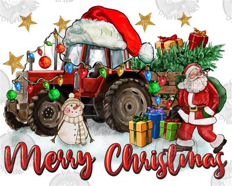 Christmas Tractor With Santa And Snowman Png Sublimation Design Merry