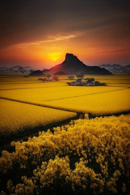 Campo De Flores Amarelas Uma Montanha Ao Fundo Generativa Ai Foto