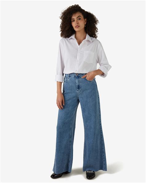 Riachuelo Cal A Jeans Feminina Wide Leg Cintura Alta Denim Claro Ak