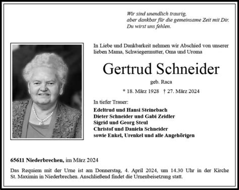 Traueranzeigen Von Gertrud Schneider Vrm Trauer De