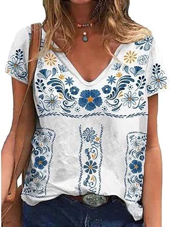 Melliflo Fiesta Mexican Shirts For Women V Neck Floral Print Boho Short