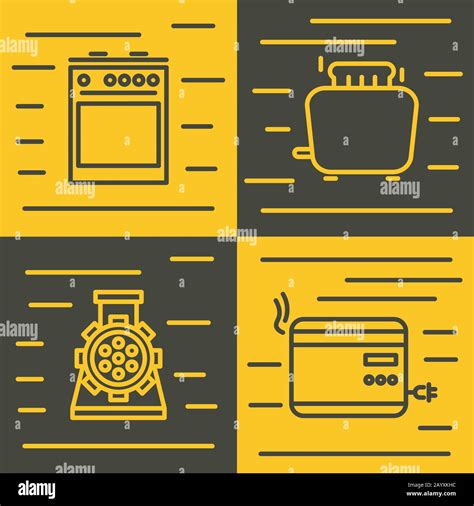 Household Appliances Icons In Line Style On Yellow And Brown Background Vector Illustration