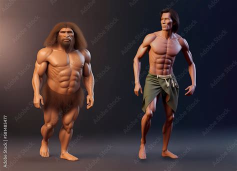 Neanderthal Vs Homo Sapiens Comparison Antropology Illustration Fictional Cartoon 3d