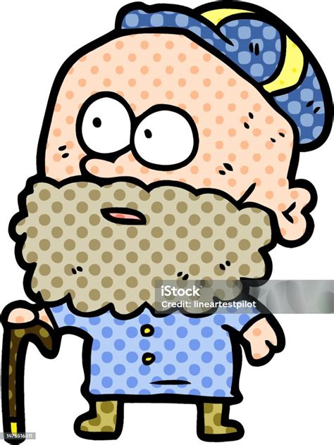 Old Cartoon Man With Walking Stick And Flat Cap Stock Illustration