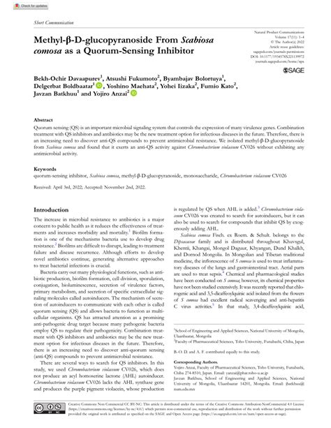 PDF Methyl β D glucopyranoside From Scabiosa comosa as a Quorum