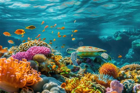 Sea Turtle Swimming In A Vibrant Coral Reef Resplendent Stock Photo