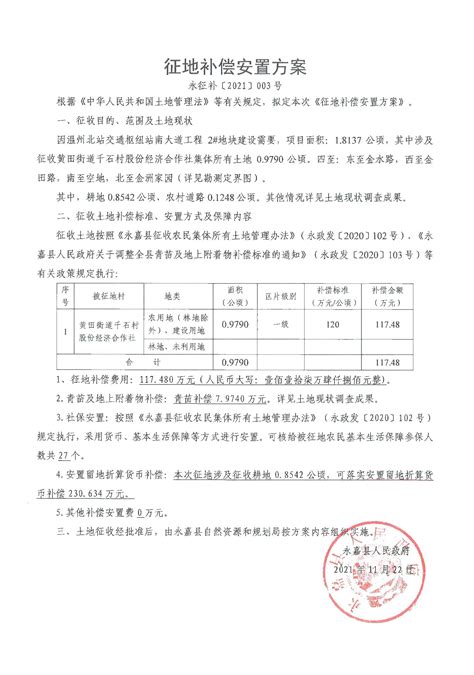 征地补偿安置公告 永征补告【2021】003号