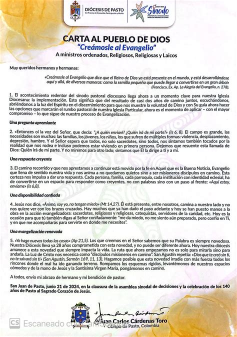 Diócesis de Pasto concluye asamblea sinodal con Carta al Pueblo de Dios