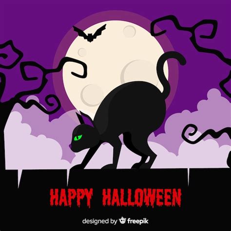 Gato negro de halloween con diseño plano Vector Gratis