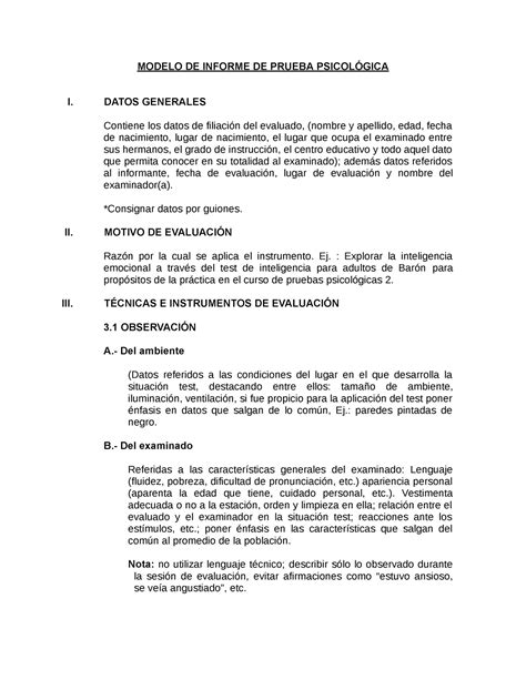 Modelo De Informe Pruebas Psicol Gicas Psicopatolog A Modelo De