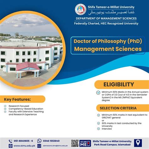 Admission Open Phd Management Science Shifa Tameer E Millat University