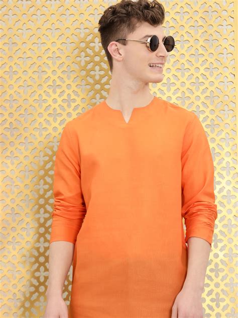 Buy Ode By House Of Pataudi Men Orange Solid V Neck Straight Rozana